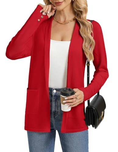 GRACE KARIN Long Cardigans for Women, Open Front Spring Sweaters, Lightweight Knit Blazer with Pockets Red M - Image 1