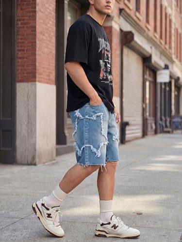 JMIERR Men's Baggy Jorts Loose Fit Wide Leg Comfy Y2K Hip Hop Streetwear Vintage Casual Star Denim Shorts with Pockets, Sail Blue, X-Large - Thumbnail 2