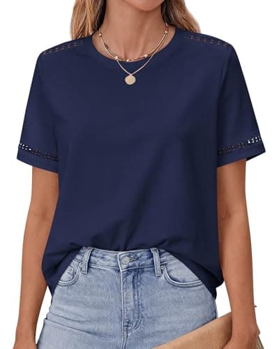 BTFBM Summer Tops for Women Lace Short Sleeve Shirt 2026 Spring Casual Loose Crew Neck Cotton Knit Cute Business Blouses(Navy Blue, Medium) - Image 1