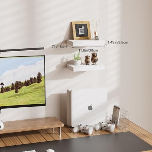 Mifurn Floating Shelves for Wall White Shelves Bathroom, Bedroom and Living Room, Wall Shelves & Book Shelf, Hanging Shelf, Modern Wooden Wall-Mounted Small Floating Shelf, 12x7x1.5 in, Set of 2 - Thumbnail 6