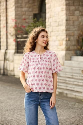 Belle Poque Red Floral Babydoll Tops for Women Short Puff Sleeve Tie Front Blouse Loose Fit 2026 Summer Boho Tops M - Thumbnail 3