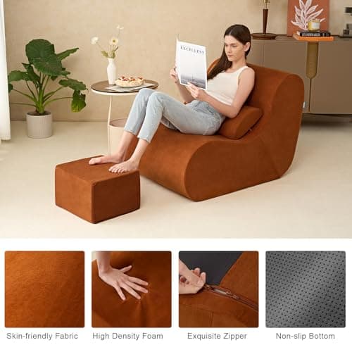 Hansleep Large Bean Bag Chair for Adults, Reading Chair with Ottoman Filled by High-Density Foam, Cozy Lazy Beanbag Lounger Sofa with Waist Support for Living Room, Bedroom, Office, Burnt Orange - Thumbnail 5