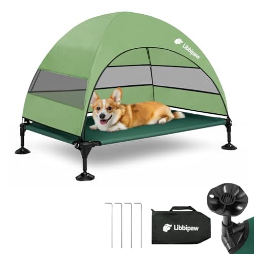 Libbipaw Windproof Elevated Dog Bed with Canopy & Stakes, 3-Sided 90% UV Block, Chew-Proof Teslin Mesh Mat for Large Dogs up to 150lbs(Green Large)