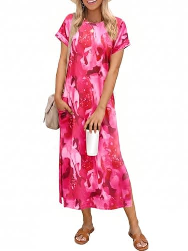 Wenrine Womens Summer Floral Maxi Dress Short Sleeve Casual Loose Sundresses Split Vacation Beach Long T Shirt Dress - Image 1