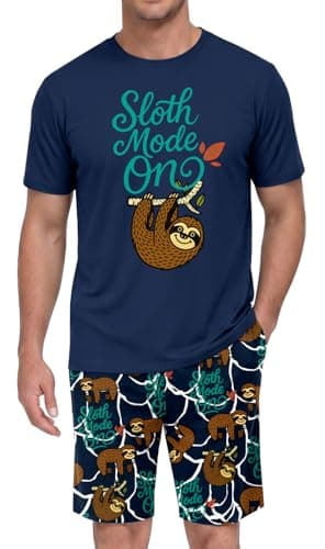 PrinStory Men's Sloth Mode On Pajama Set, Funny Sloth Graphic Tee and Printed Shorts, Novelty Sleepwear Loungewear Set for Home and Lazy Days, Navy L - Image 1