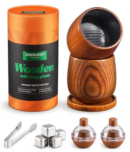 Gaialoop Charred Wooden Whiskey Glass Gift Set for Men, Smoke Wood Bourbon Cup with Whiskey Rocks & Ice Mold, Handmade Whiskey Tumbler with Coaster Lid, Cool Bourbon Gifts for Boyfriend, Dad, 2 Pack