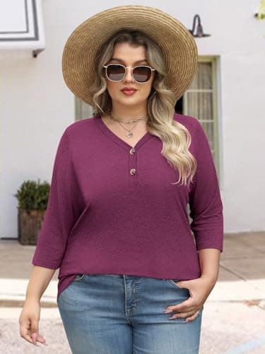 3/4 Length Sleeve Womens Tops Summer Plus Size Clothes Spring Beach Fashion Clothing for Women Blouses Dressy Casual Oversized Tshirts V Neck T Shirts Business Casual Vacation Rave Outfits 2026 Red L - Thumbnail 3