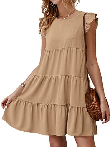 KIRUNDO Flowy Summer Dress for Women Sleeveless Ruffle Cap Sleeve Round Neck Loose Short Pleated Mini Babydoll Sun Dresses(Khaki, X-Large) - Image 1