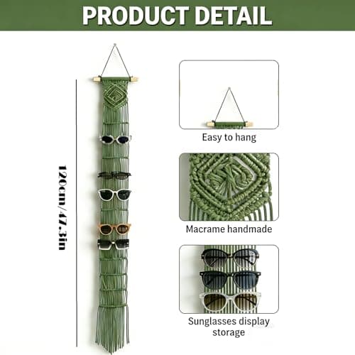 W Wellshine Macrame Sunglasses Holder Boho Wall Hanging Minimalist Eyewear Organizer Wall Sunglasses Rack Sunglasses Display (Sage Green) - Thumbnail 2