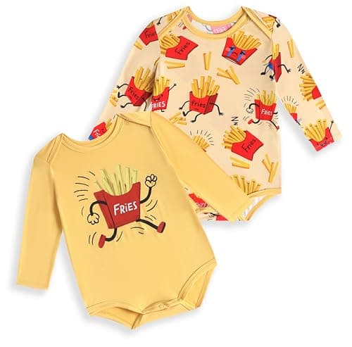 Joonberry Unisex-Baby 2-pack Cute Print Bodysuit, Soft Bamboo Rayon Boy Girl Jumpsuit Clothes, Newborn Infant Outfit Romper (Fries-Style4, 12-18M) - Image 1