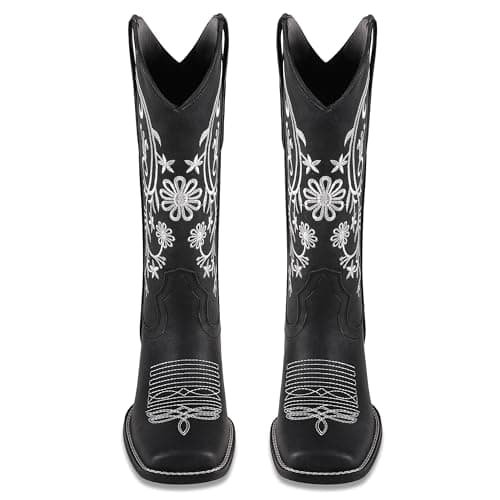 UJPFEO Cowboy Boots for Women Mid Calf Cowgirl Boots Square Toe Pull On Low Chunky Heel Embroidery Western Boots - Thumbnail 5