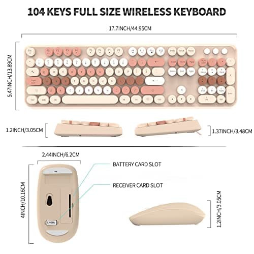 Wireless Keyboard and Mouse Combo Cute Colorful Keyboard and Mouse, Retro Typewriter Keyboard with 2.4GHz Plug & Play, for Windows 11/10/7, Laptop, PC (Milk Tea) - Thumbnail 2