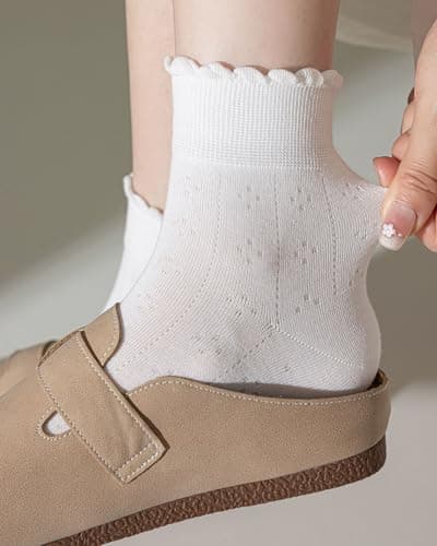 Vinacimos 4 Pairs Ruffle Socks for Women, White Ankle Socks with Elastic Frilly Cuff, Summer Soft Cotton Socks, Lettuce Edge Socks for Ladies and Girls, Size 5-11 - Thumbnail 2