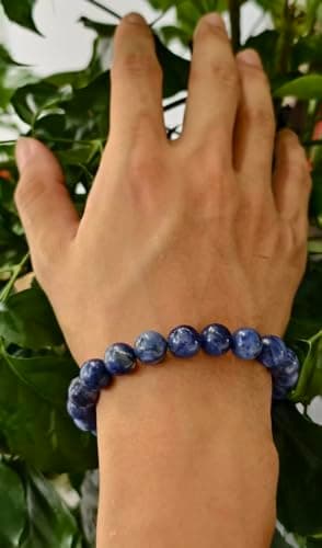 FUDIDU Sodalite Bracelet for Unisex, Approximately 7 inch Adjustable, 3/8 Inch Blue and white Crystal beads Stone Jewelry Gift for Confidence Creativity, Dainty Stackable Boho Couple gifts 10MM - Thumbnail 4