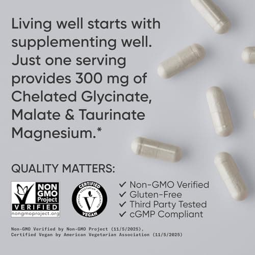 Sports Research® Chelated Triple Magnesium Complex with Glycinate, Taurinate & Malate (Chelamax®) for Enhanced Bioavailability* - 300 mg per Serving, Non-GMO, Certified Vegan, 120 Veggie Capsules - Thumbnail 4