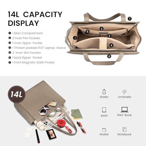 befen Genuine Leather Tote Bag for Women Work,Leather Tote Bag,Large Women's Zippered Shoulder Bags Purses Satchel Handbags with Top Handles Work Purse for Daily Travel,Taupe - Thumbnail 5