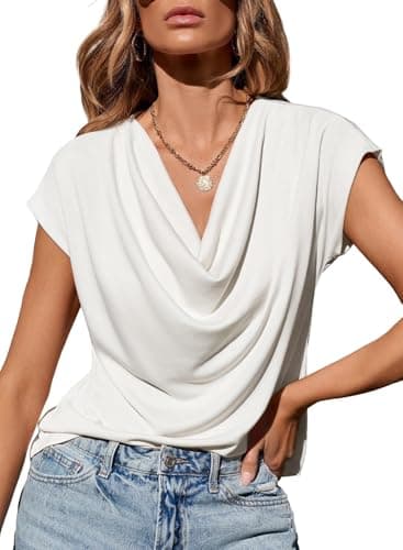EVALESS Summer Clothes Womens Fashion Shirts Dressy Tops Short Sleeve V Neck T-Shirts Trendy 2025 Classy Casual Outfits Ladies Tops and Blouses Basic Teacher Clothing Cute Wrap White Shirts, Large - Image 1