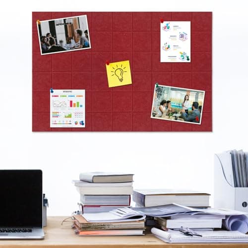 HULAVO Large Square Felt Cork Board Tiles, Self Adhesive DIY Felt Bulletin Board Pin Board with 35 Pushpins for Office School Home Wall Decor Stickers Memos Photos Display (Red) - Thumbnail 2