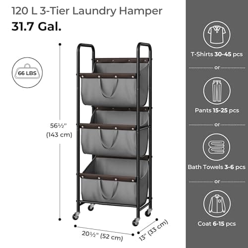 GRANNY SAYS 3 Tier Laundry Sorter, Laundry Hamper with Wheels, Laundry Room Organization and Storage, 3 Section Rolling Laundry Cart for Dorm, Bathroom, Bedroom, Closet, Grey - Thumbnail 6