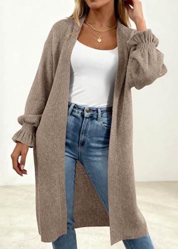 KIRUNDO Long Cardigan Sweaters for Women 2026 Spring Casual Oversized Ruffle Long Sleeve Open Front Chunky Knit Sweater Coats(Caramel, Medium) - Thumbnail 3
