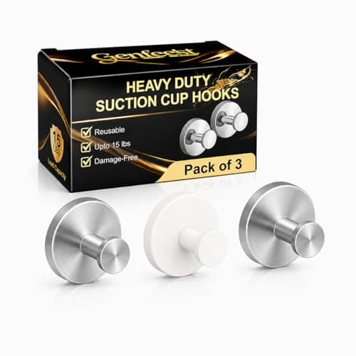 Genfest Suction Cup Hooks, Shower Hooks No Drill, Heavy Duty Wall Hooks for Hanging 15lbs, Reusable Waterproof Towel Hooks for Bathrooms Kitchen Glass Door Tile, Stainless Steel Hook Holder 3 Pack