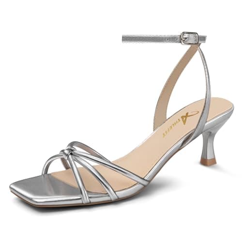 Athlefit Women's Kitten Heels Square Open Toe Strappy Low Heel Sandals Ankle Strap Party Dress Silver Heels for Prom Size 6 - Image 1