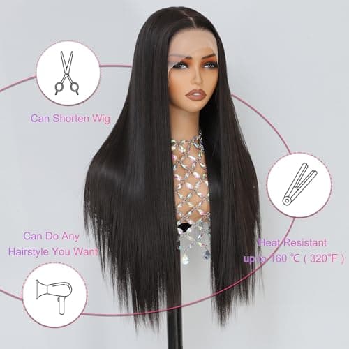Barbique Synthetic Lace Front Wig,13x6 Lace Wig Pre-Plucked Long Straight Glueless Natural Black Wigs for Black Women 26 Inch Ready to Wear Wigs Beginner Friendly - Thumbnail 5