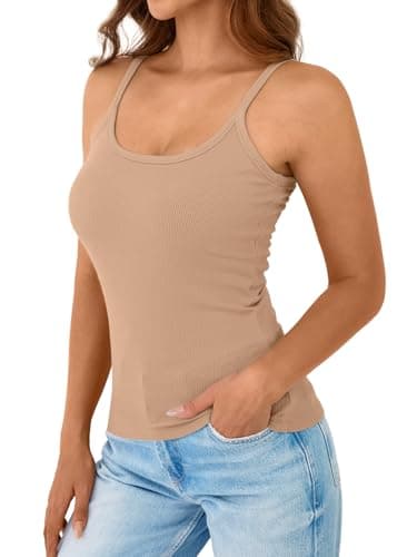 GKBK Women's Sleeveless Built in Bra Tank Top Form Fitting Scoop Neck Ribbed Knit Basic Padded Cami Shirts White Khaki XL - Thumbnail 4