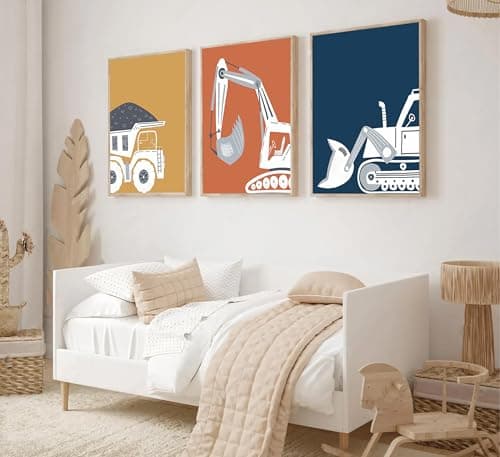 Wavkkey 3 Pcs Construction Truck Nursery Wall Art Excavator Dump Truck Tractor Poster Painting Picture Wall Decor Canvas Print Artwork Kids Room Boys Room Baby Room Home Decoration Unframed - Thumbnail 4