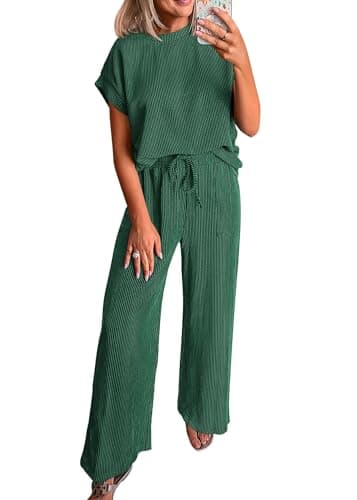 KIRUNDO 2 Piece Sets for Women Dressy Casual Ribbed Knit Short Sleeve Tops Wide Leg Pants Lounge Set Travel Airport Outfits(Dark Green, Small) - Image 1