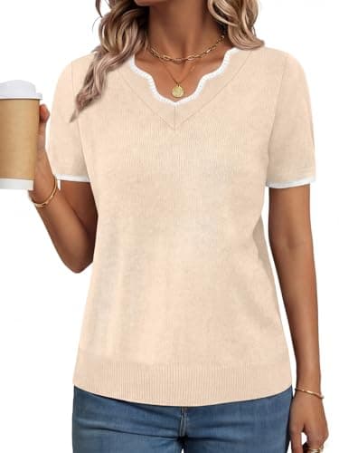 GKBK Women Short Sleeve V Neck Sweater Lightweight Pullover Top Fashion Clothing for Business Casual Work Outfits Spring Summer 2026 Apricot Medium - Image 1
