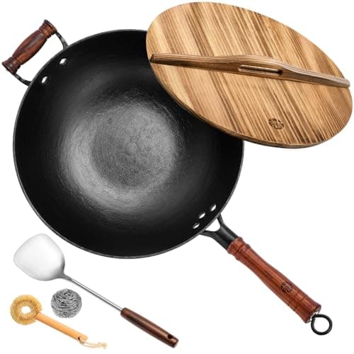 WANGYUANJI Cast Iron Wok Pan with Lid, 14.2 Inch Flat Bottom Uncoated Stir Fry Skillet, Large Heavy Duty Chinese Iron Pot for Family Cooking, Induction & Gas Safe - Image 1