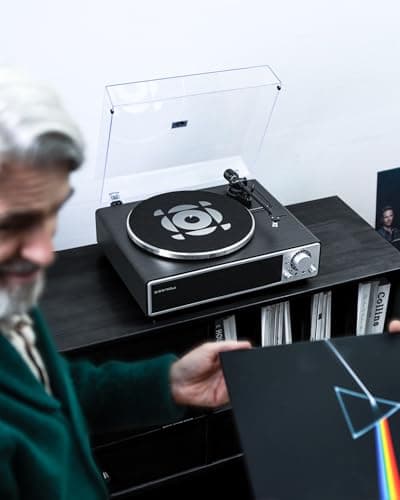 QLEARSOUL ONE-Q Vinyl Record Player (Black), All-in-one HiFi Turntables with Built in Speakers, Bluetooth 5.4, Phono Preamp, Magnetic Cartridge AT-3600L, 33/45 RPM Two Speed, Aux-in, Auto Off - Thumbnail 6