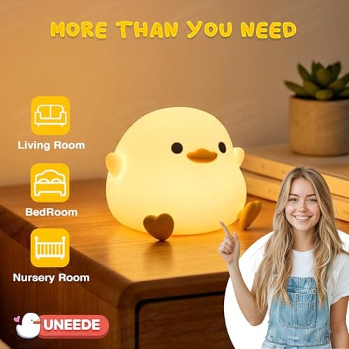 UNEEDE LED Cute Bean Duck Night Light, DoDo Duck Silicone Nursery Night Light Squishy Dimmable Rechargeable Table Bedside Lamp with Touch Sensor for Bedrooms, Living Room Unique Dorm Decor Gift Toy - Thumbnail 5