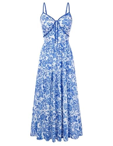 GRACE KARIN 2026 Women's Spaghetti Vacation Sundress Summer Beach Flowy Boho Floral Maxi Dresses with Pockets White Blue Floral XXL - Image 1