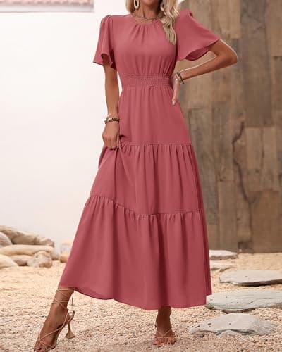 PRETTYGARDEN Women's Summer Casual Short Flutter Sleeve Round Neck Smocked Waist Tiered Boho Floral Flowy Maxi Dress(Solid Bean Paste Red,XX-Large) - Thumbnail 6