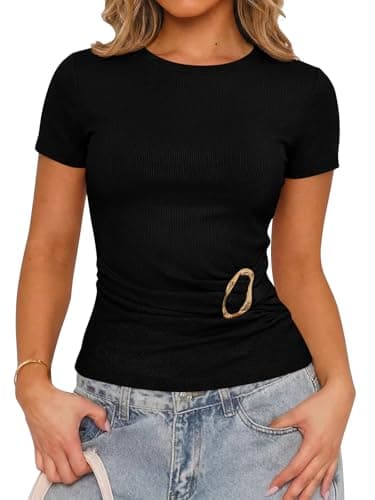 Tankaneo Womens Short Sleeve Ruched Tops Summer Casual Slim Fit Ribbed Knit T-Shirts Y2k Going Out Basic Tees Black - Image 1