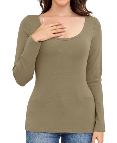 Ganado Long Sleeve Shirts for Women Scoop Neck Thermal Shirt Plain Basic Tops Fitted Layering Undershirts (Light Brown, X-Small) - Image 1
