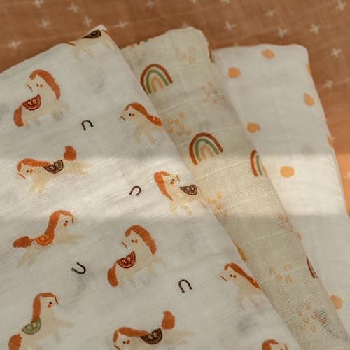CIVARUA KIDS Muslin Swaddle Blankets for Newborn, 4 Pack Cotton Baby Blankets, Large 31.5 x 43.3 inch Breathable Soft Receiving Blanket, Essentials Swaddle Wrap Burping Clothes, Orange Rainbow Horse - Thumbnail 5