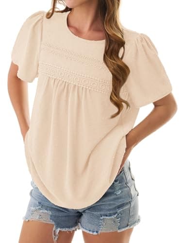 NORACORA Womens Summer Tops Crewneck Short Sleeve Shirts Casual Chiffon Boho Babydoll Blouses Flowy Lace Hem Apricot Clothing Trendy 2026 Apricot XXL - Thumbnail 5