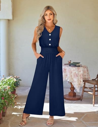 LOOKBOHO Women Elegant Jumpsuits Summer Casual Sleeveless Outfits Formal Office Romper V Neck Wide Leg Long Pants(NB,L) - Thumbnail 6