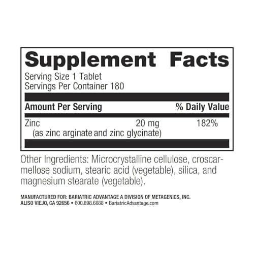 Bariatric Advantage Non Chewable Zinc Chelate - Highly Absorbable - 20 mg Zing Arginine & Glycine - Tablets for Bariatric Surgery Patients - 180 Count - Thumbnail 4