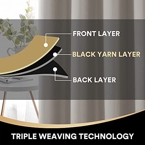 PrinceDeco 100% Blackout Curtains 108 inches Long, Full Light Blocking Drapes with Black Liner for Nursery, Thermal Insulated Draperies for Hall, Villa (2 Pieces, 52" Wide Each Panel, Simply Taupe) - Thumbnail 4