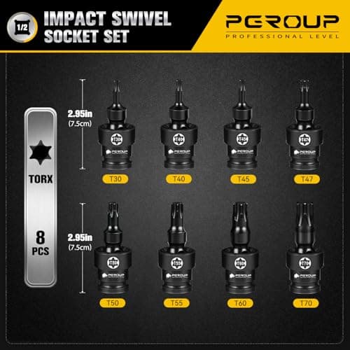 Pgroup 8PCS 1/2" Drive Universal Swivel Impact Torx Socket Set, T30-T70, CR-MO Wobble Star Sockets With Hanging Bracket for Dead Angles, Auto Repair, Mechanical Maintenance - Thumbnail 2