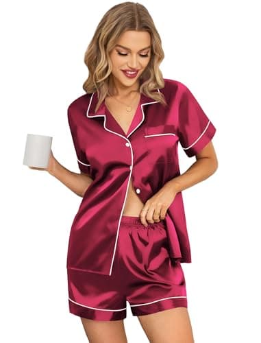 Leikar Christmas Pajamas For Women Satin Holiday Pajamas Button Down Pjs Loungewear Set XL Wine Red - Image 1