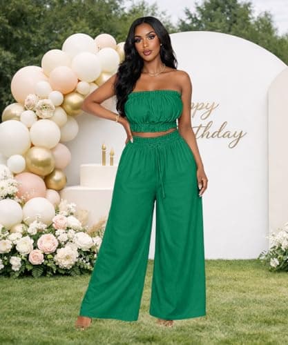ABKY Two Piece Sets for Women Going Out Summer Off Shoulder Tube Top Palazzo Pants Set Vacation Birthday Party Date Night Outfits Green M - Thumbnail 3