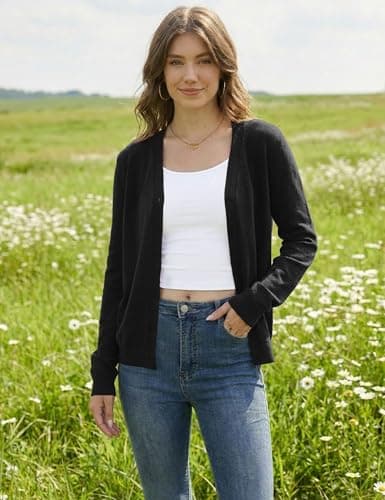 LaGracia Cardigan Sweaters for Women Long Sleeve V Neck Button Down Open Front Wool Blend Lightweight Sweater Black S - Thumbnail 5