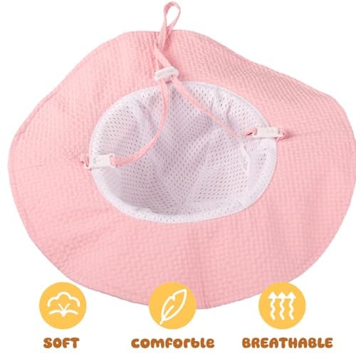 Baby Sun Hat Toddler Girl Beach Hat Adjustable Outdoor Summer Hat UPF 50+ Sun Protection Wide Brim Infant Kids (US, Age, 0 Months, 6 Months, Pink/White) - Thumbnail 4