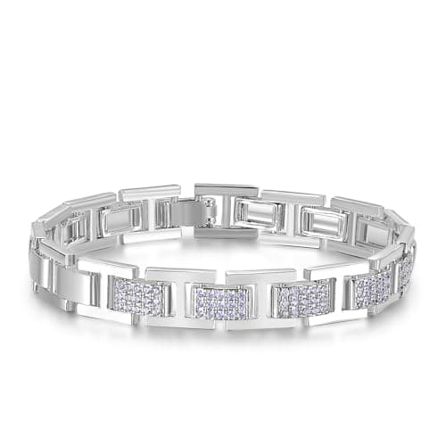 TRENDOLLA Mens Stainless Steel Bracelet, 7.5/8 inches Dainty Hiphop Cuban Link Chain Bracelet White Gold and 14K Gold Plating (Style02-White Gold) - Image 1