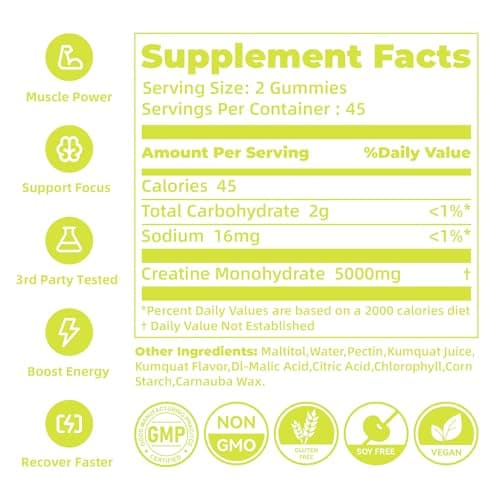 novomins Creatine Monohydrate Gummies 5000mg for Men & Women, Chewables Creatine Monohydrate for Muscle Strength, Muscle Builder, Energy Boost, Pre-Workout Supplement(90 Count)-Kumquat Flavor. - Thumbnail 3